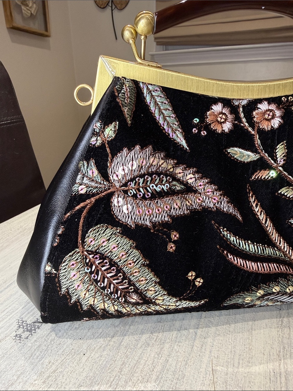 Patricia Nash Black Velvet Floral Embroidered Top-Handle Clutch - Picture 2 of 15